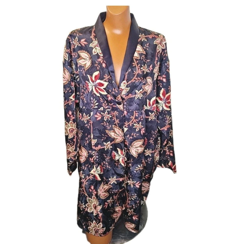Victoria Secret Gold Label Satin Sleep Robe Shirt M/L Dark Floral Shawl Collar